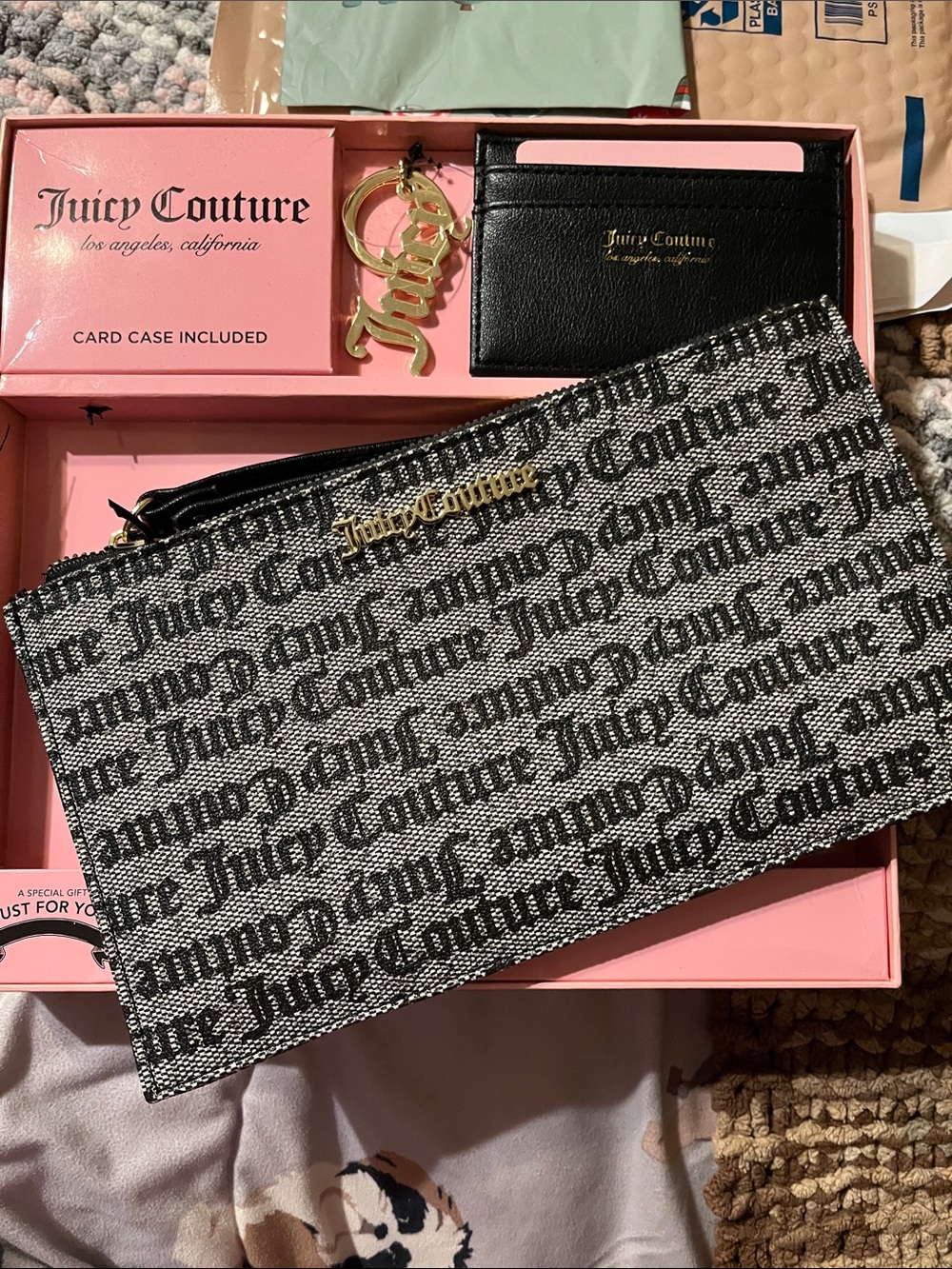 NIB Juicy Couture Black Logo Zip Pouch Set with Gold Charm 3 piece set